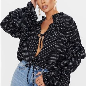 Black Polka Dot Ruched Tiered Blouse